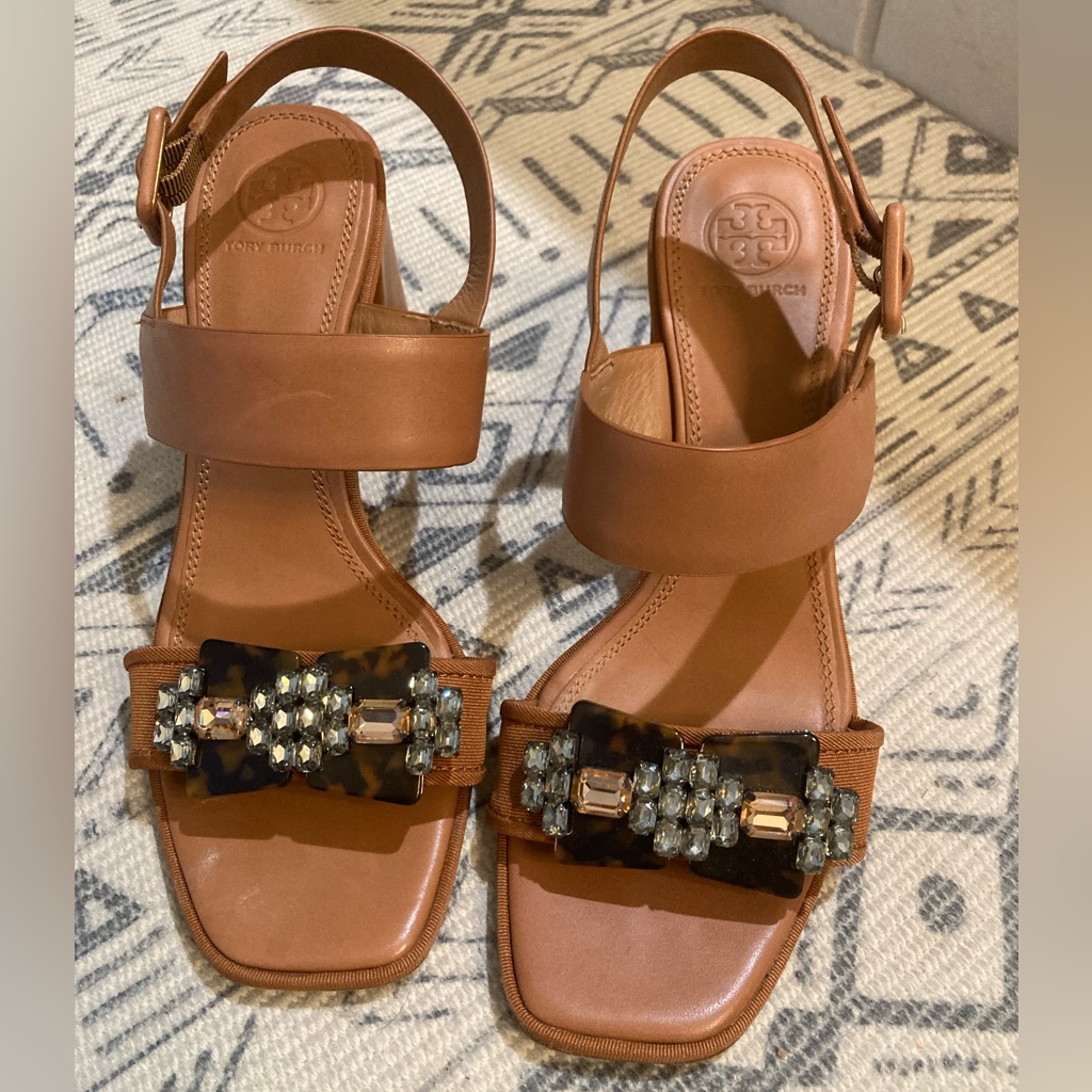 Tory Burch Brown Tortoise Delaney Embellished Tan Heeled Sandals Sz 8.5m